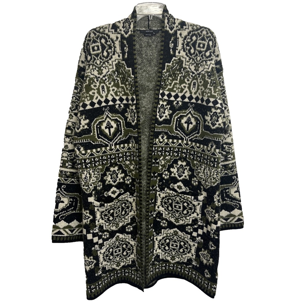 Vertigo Women's Cardigan Coat Women's Size L Green Black Pockets Geometric